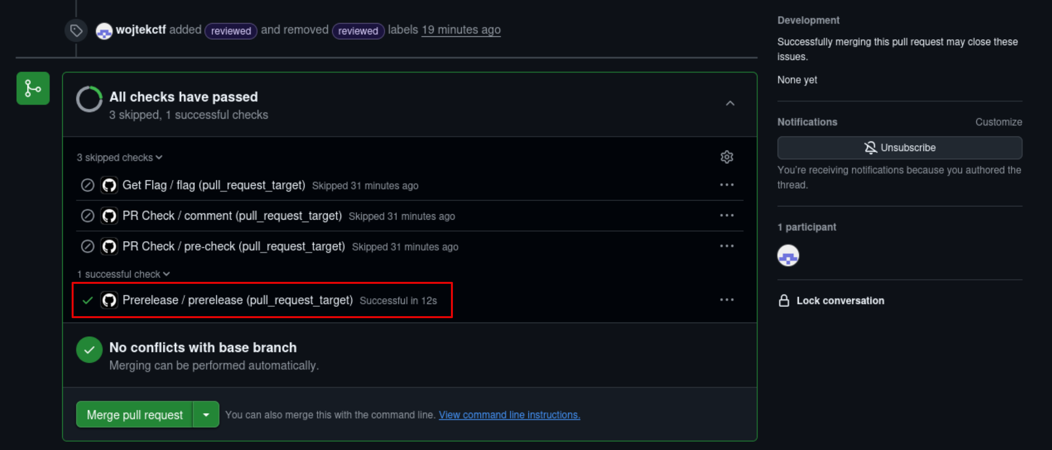 Prerelease workflow execution in Actions tab
